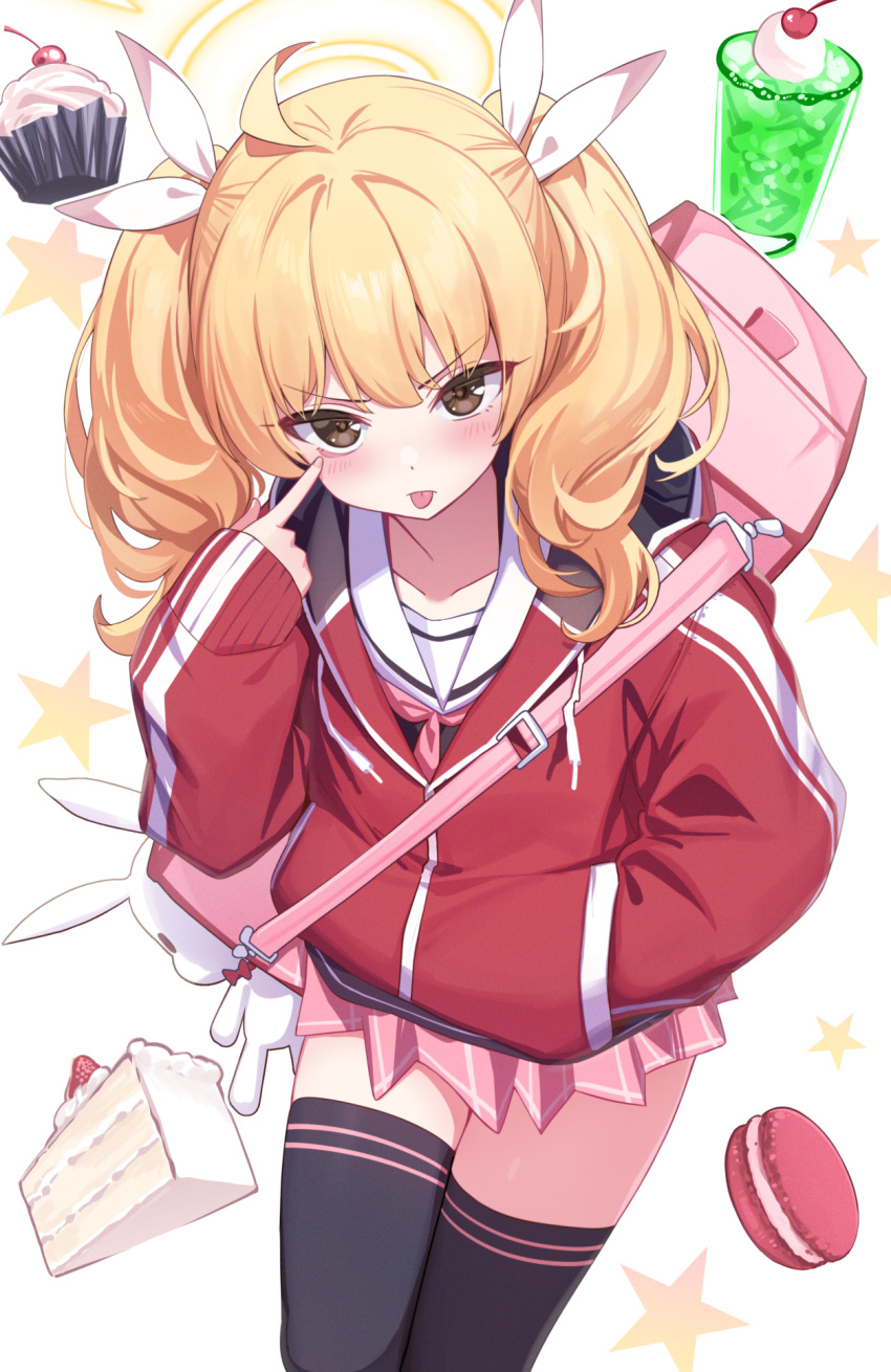 1girl ahoge akanbe bag black_thighhighs blonde_hair blue_archive blush brown_eyes cake cake_slice cherry commentary_request cupcake deadnooodles food fruit hair_ribbon halo hand_in_pocket highres jacket long_hair long_sleeves looking_at_viewer macaron pink_skirt pleated_skirt puffy_long_sleeves puffy_sleeves red_jacket ribbon sailor_collar simple_background skirt sleeves_past_wrists solo starry_background thighhighs tongue tongue_out track_jacket twintails v-shaped_eyebrows white_background white_ribbon white_sailor_collar yoshimi_(blue_archive)
