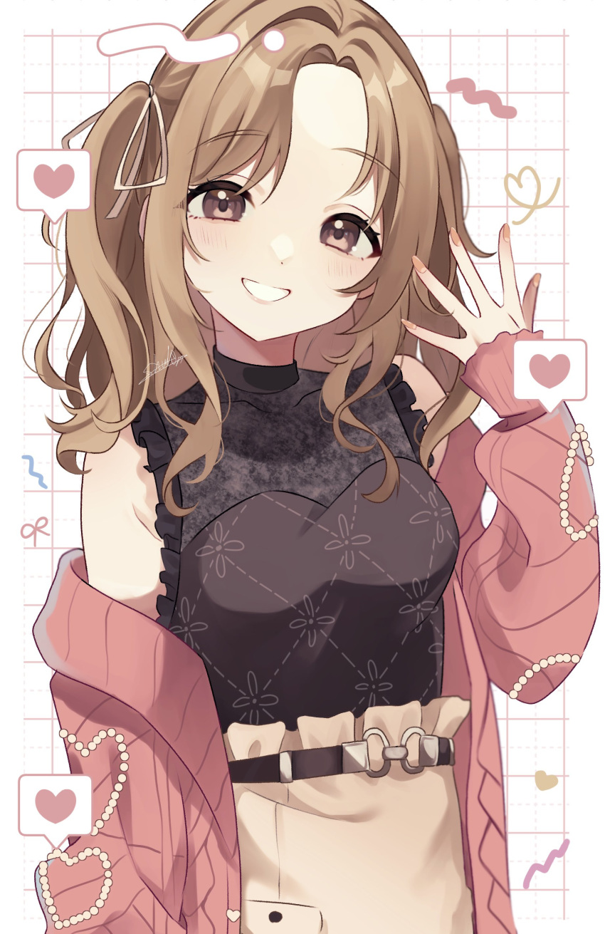 1girl absurdres bare_shoulders belt black_shirt blush brown_eyes brown_hair brown_skirt cardigan cowboy_shot fingernails floral_print frilled_shirt frills grid_background grin hand_up heart highres ichikawa_hinana idolmaster idolmaster_shiny_colors looking_at_viewer medium_hair off_shoulder parted_bangs pink_cardigan shirt shu10 sidelocks signature simple_background skirt sleeveless sleeveless_shirt smile solo two_side_up wavy_hair