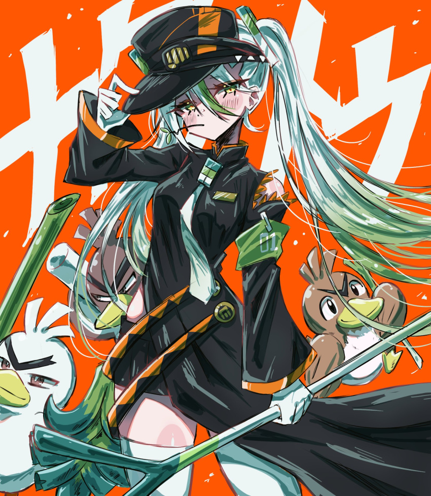 1girl armband bike_shorts black_coat coat detached_sleeves farfetch'd fighting_miku_(project_voltage) food galarian_farfetch'd gloves green_armband hand_on_headwear hatsune_miku highres holding holding_food holding_spring_onion holding_vegetable mouth_hold multicolored_hair necktie orange_trim pokemon project_voltage side_slit single_detached_sleeve sirfetch'd spring_onion stalk_in_mouth thighhighs twintails usa_(usagi_minku) vegetable visor_cap vocaloid white_gloves white_hair white_necktie white_thighhighs yellow_eyes
