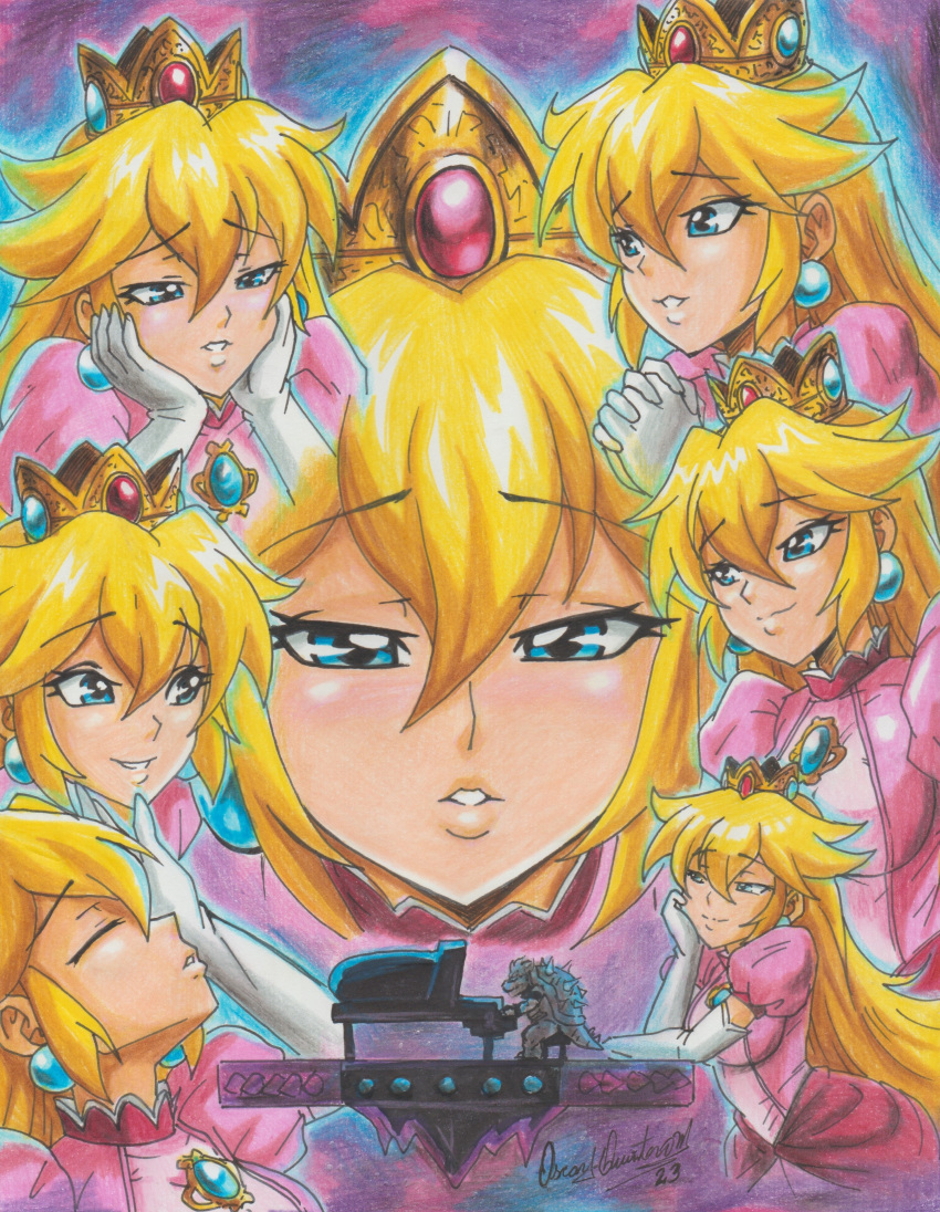 1boy 1girl absurdres arm_on_table blonde_hair blue_eyes bowser closed_eyes crown dress earrings elbow_gloves gloves highres instrument jewelry lips long_hair mario_(series) multiple_girls multiple_views music own_hands_clasped own_hands_together piano pink_dress playing_instrument princess_peach ravernclouk signature sitting smile the_super_mario_bros._movie traditional_media white_gloves