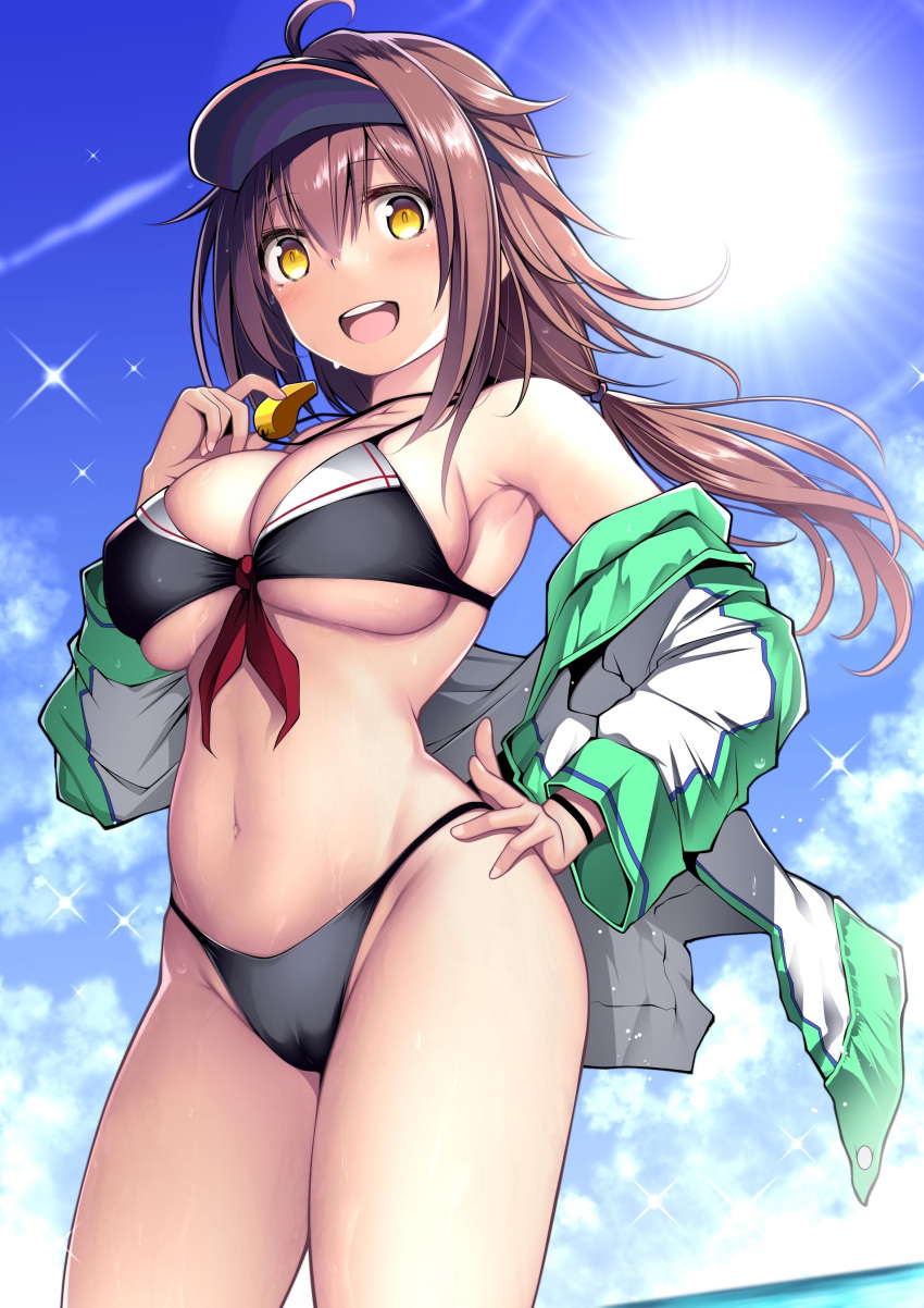 1girl absurdres ahoge bikini black_bikini breasts brown_eyes brown_hair commentary_request cowboy_shot day hair_between_eyes hand_on_own_hip highres jacket kantai_collection kuromayu large_breasts long_hair looking_at_viewer navel off_shoulder open_clothes open_jacket outdoors shiratsuyu_(kancolle) shiratsuyu_kai_ni_(kancolle) solo standing swimsuit visor_cap wet whistle whistle_around_neck