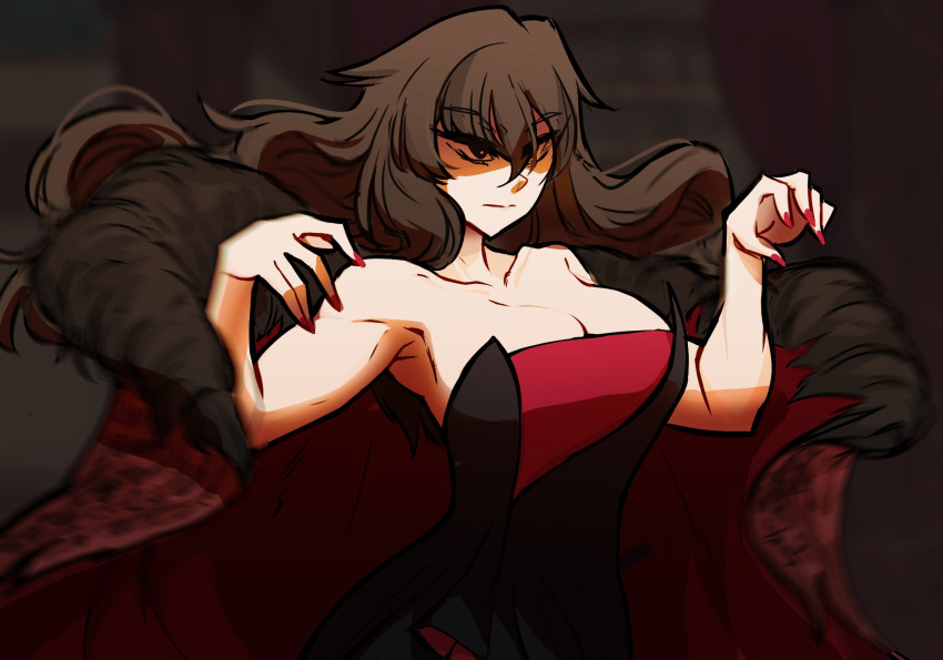 1girl bare_shoulders black_eyes blurry blurry_background breasts brown_hair centurii-chan_(artist) cleavage closed_mouth coat collarbone commentary dress english_commentary fur-trimmed_coat fur_trim highres large_breasts long_hair original red_nails solo strapless strapless_dress