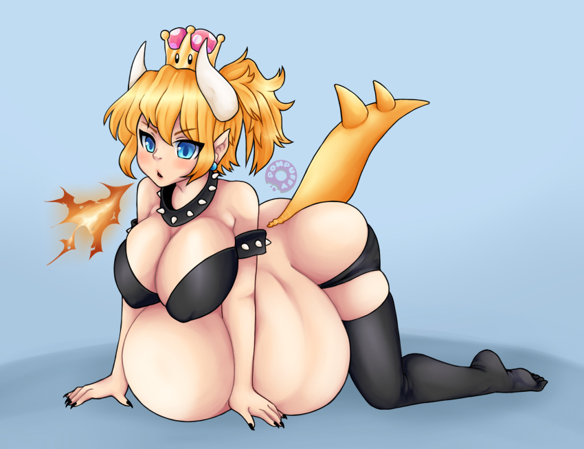 alternate_species animal_humanoid belly big_belly big_breasts big_butt blonde_hair blue_eyes blush bowser bowsette_meme breasts breath_powers butt cleavage clothed clothing collar crossgender crown elemental_manipulation female fire fire_breathing fire_manipulation hair headgear hi_res horn horned_humanoid huge_breasts humanoid humanoid_pointy_ears mario_bros meme nintendo open_mouth pompuffy_(artist) scalie scalie_humanoid signature solo spiked_collar spikes super_crown tail text thick_thighs