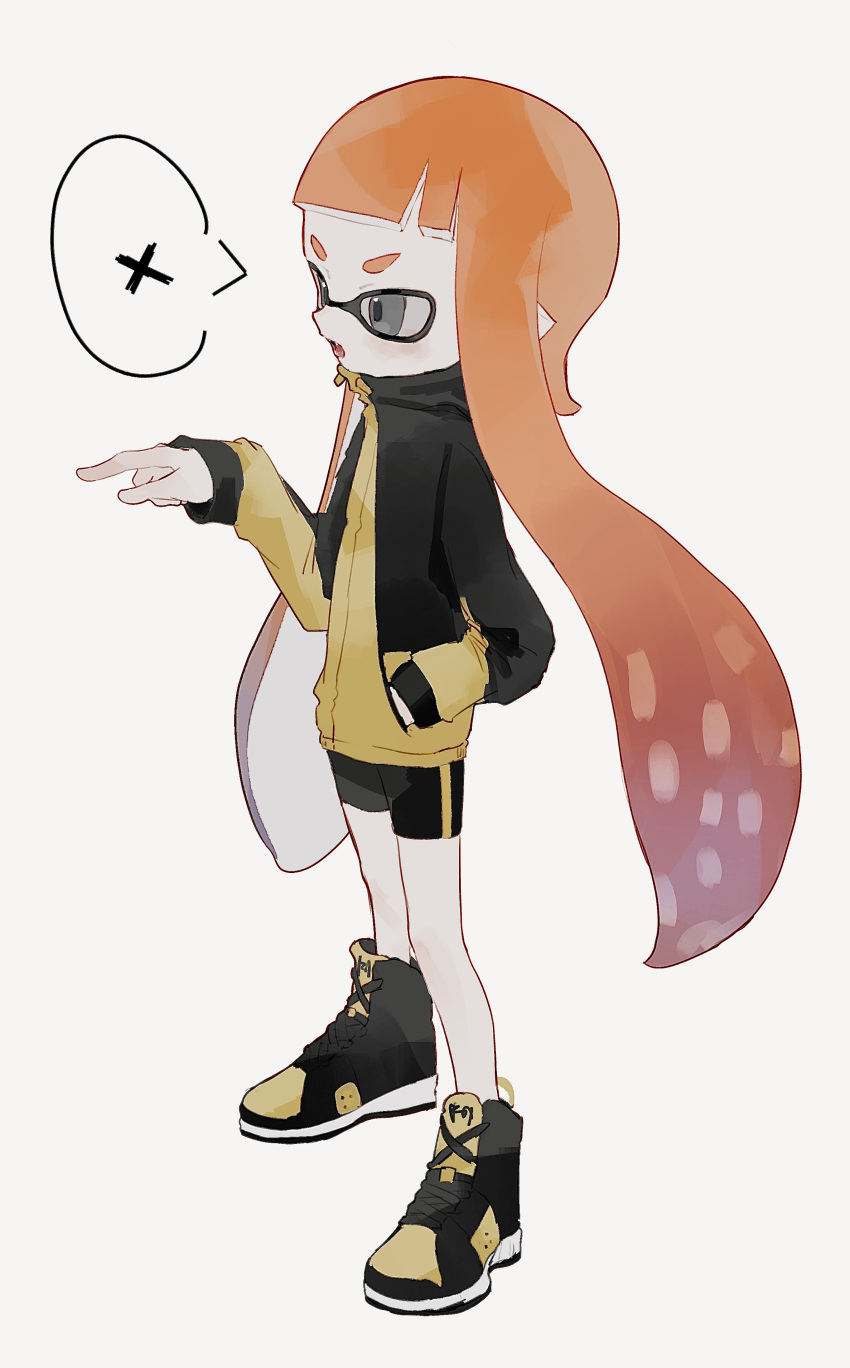 1girl absurdres bike_shorts black_shorts blunt_bangs grey_eyes hand_in_pocket highres inkling inkling_girl long_hair long_sleeves open_mouth orange_hair pocket pointy_ears shoes shorts shou_(mori_boro) simple_background single_vertical_stripe solo speech_bubble splatoon_(series) spoken_x standing tentacle_hair v-shaped_eyebrows very_long_hair white_background