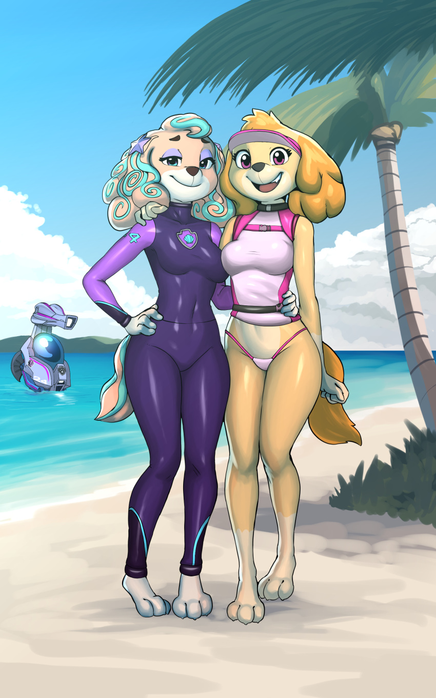 10:16 2023 3_toes 4_fingers absurd_res anthro anthrofied beach bikini bikini_bottom bird_dog blue_eyes canid canine canis clothed clothing cocker_spaniel coral_(paw_patrol) diacordst domestic_dog duo feet female fingers gloves_(marking) hair hand_on_hip hi_res hunting_dog leg_markings looking_at_viewer mammal markings multicolored_body multicolored_hair navel open_mouth open_smile outside partially_clothed pasties paw_patrol purple_eyes sea seaside skye_(paw_patrol) smile socks_(marking) spaniel standing swimwear toes two_tone_body water