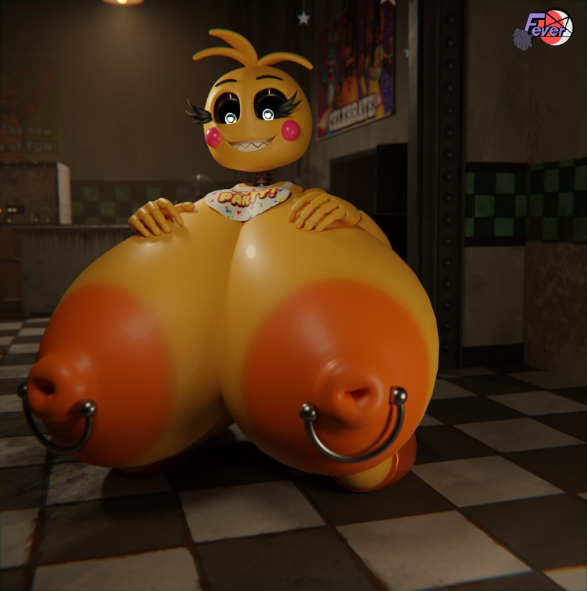 &lt;3 &lt;3_eyes 2023 3d_(artwork) 5_fingers animatronic anthro areola avian bib big_breasts bird blush blush_stickers breast_expansion breasts checkered_floor chicken digital_media_(artwork) expansion female feversfm fingers five_nights_at_freddy's five_nights_at_freddy's_2 galliform gallus_(genus) hi_res huge_breasts hyper hyper_breasts lovetaste_chica machine nipple_piercing nipple_ring nipples orange_areola orange_nipples phasianid piercing ring_piercing robot scottgames solo toy_chica_(fnaf) yellow_body