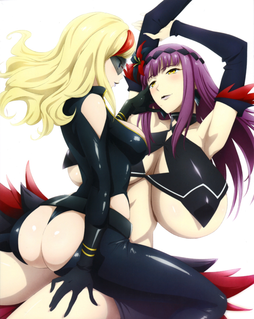 2girls absurdres armpits arms_up ass blonde_hair blush breasts chaps circlet cleavage detached_sleeves eye_contact flower girl_on_top hair_flower hair_ornament hasumi_rain highres huge_breasts kaneko_hiraku lady_j leotard long_hair looking_at_another multiple_girls official_art purple_hair scan simple_background sitting sitting_on_person skirt sunglasses thong_leotard underboob valkyrie_drive valkyrie_drive_-mermaid- white_background wife_and_wife yuri