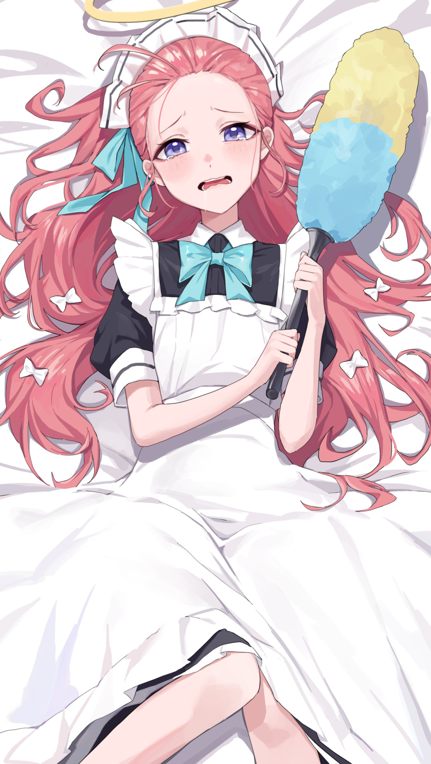 1girl absurdres apron aqua_bow aqua_bowtie black_dress blue_archive blue_eyes blush bow bowtie collared_dress commentary crying dress drooling feet_out_of_frame forehead hair_bow halo highres holding long_hair looking_at_viewer lying maid maid_headdress official_alternate_costume on_back on_bed open_mouth pink_hair puffy_sleeves solo symbol-only_commentary teeth tongue white_apron white_bow xu_wen_(bbb2822828) yellow_halo yuzu_(blue_archive) yuzu_(maid)_(blue_archive)