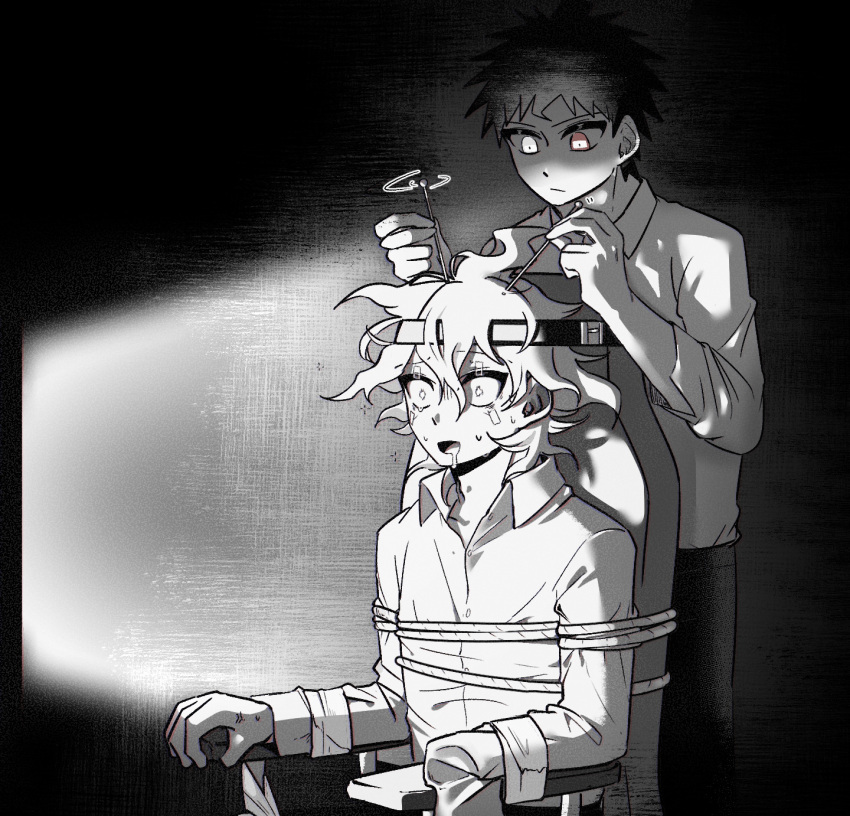 2boys bound buttons chair collared_shirt danganronpa_(series) danganronpa_2:_goodbye_despair greyscale hair_between_eyes heterochromia highres hinata_hajime komaeda_nagito light lobotomy long_sleeves male_focus messy_hair mind_control monochrome multiple_boys open_collar pants saliva seumol_sx shirt short_hair sitting sleeves_past_elbows standing sweat tape_on_eyelids tied_up_(nonsexual)