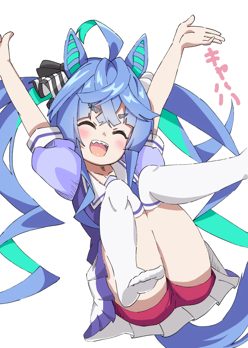 1girl :d absurdres ahoge animal_ears aqua_hair arms_behind_back black_ribbon blue_hair closed_eyes crossed_bangs drill_hair facing_viewer floating hair_ribbon highres horse_ears horse_girl horse_tail knees_up long_hair miniskirt multicolored_hair no_shoes open_mouth pleated_skirt puffy_short_sleeves puffy_sleeves purple_shirt red_shorts ribbon saburo_(zwzf5873) sailor_collar school_uniform sharp_teeth shirt short_sleeves shorts shorts_under_skirt simple_background skirt smile solo tail teeth thighhighs tracen_school_uniform translated twin_turbo_(umamusume) twintails two-tone_hair umamusume white_background white_sailor_collar white_shirt white_thighhighs