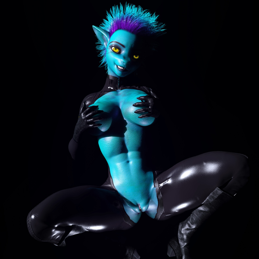 3d_(artwork) absurd_res alien black_background bludergat99 breasts clothing covering covering_breasts crouching digital_media_(artwork) exposed_belly female genitals glowing glowing_eyes hair hi_res humanoid leather leather_clothing looking_at_viewer marie_(bludergat99) multicolored_hair pussy simple_background smile solo yellow_eyes