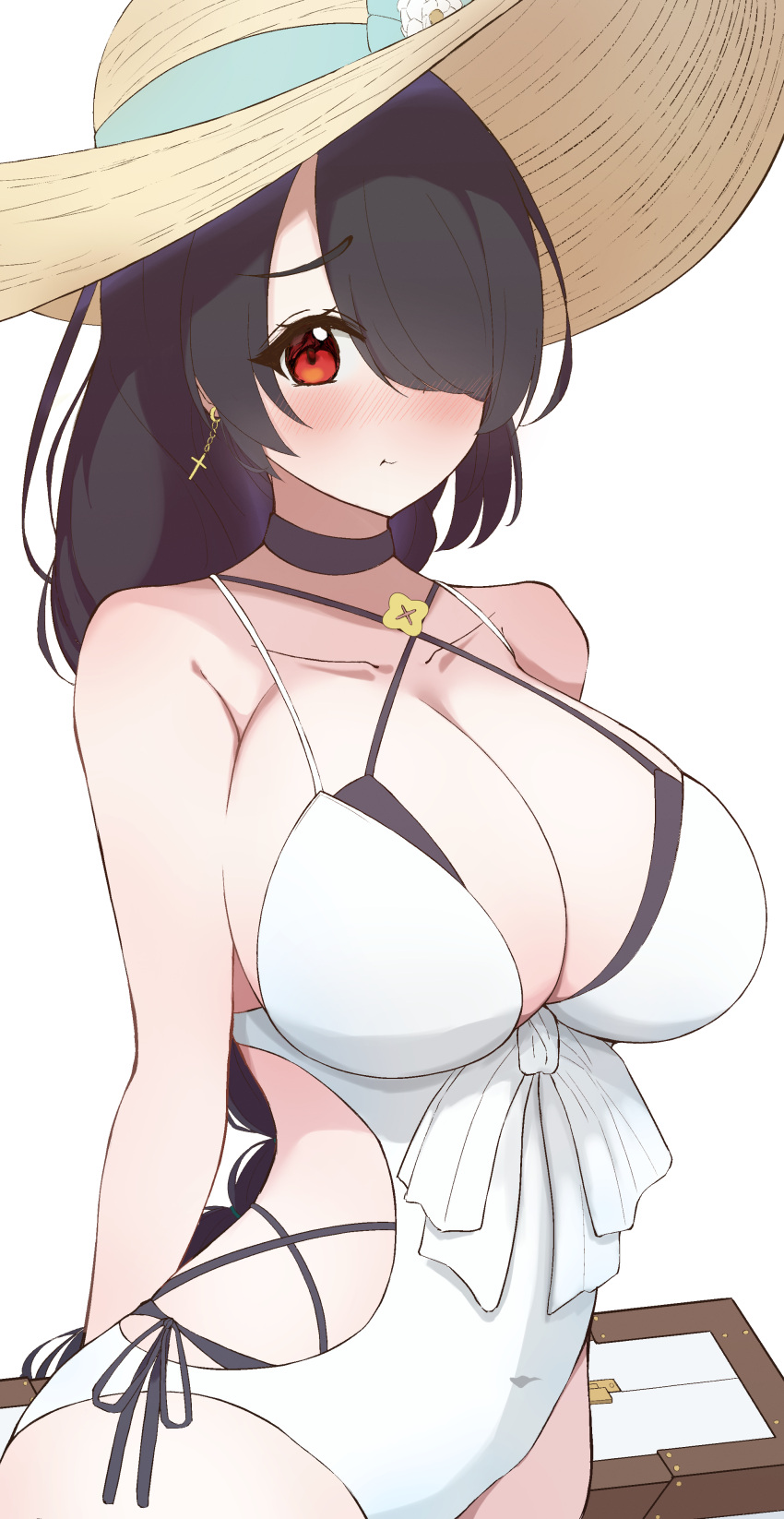 1girl :t absurdres arms_behind_back black_hair blue_archive breasts cleavage closed_mouth commentary_request covered_navel cross cross_earrings earrings hair_between_eyes hair_over_one_eye hat highres hinata_(blue_archive) hinata_(swimsuit)_(blue_archive) jewelry large_breasts long_hair looking_at_viewer official_alternate_costume one-piece_swimsuit pout red_eyes simple_background solo swimsuit user_djth5782 white_background white_one-piece_swimsuit yellow_headwear