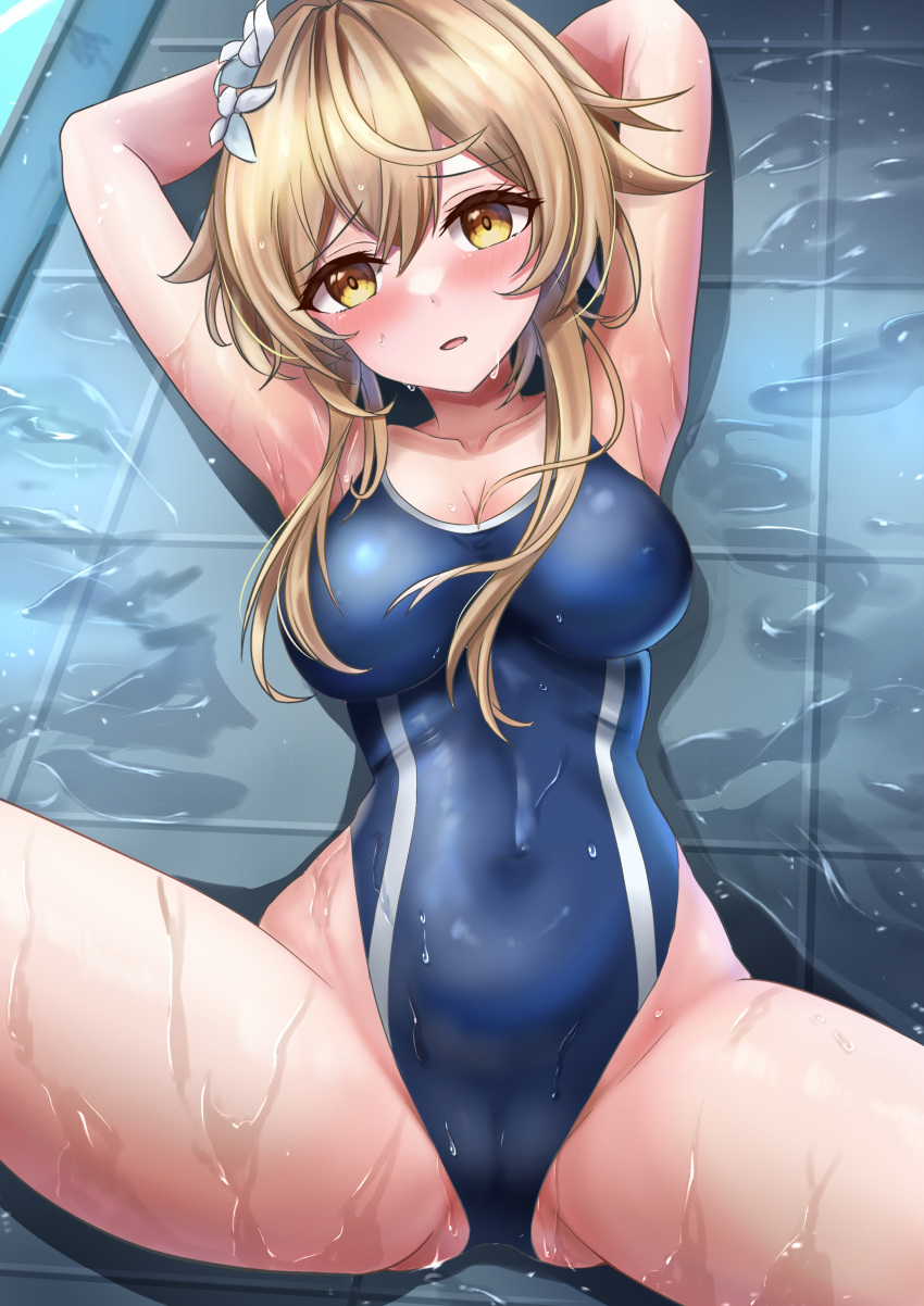 1girl absurdres arm_behind_back blonde_hair blue_one-piece_swimsuit breasts competition_swimsuit covered_navel flower genshin_impact hair_flower hair_ornament highleg highleg_swimsuit highres large_breasts lumine_(genshin_impact) lying one-piece_swimsuit puddle short_hair_with_long_locks solo swimsuit waity_awa wet wet_clothes wet_swimsuit white_flower yellow_eyes