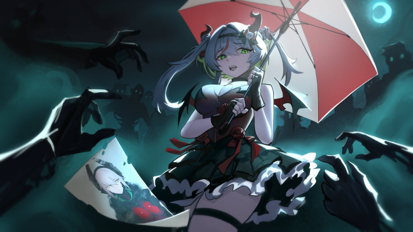 1girl asymmetrical_hair bat_wings breasts bsapricot_(vtuber) bsapricot_(vtuber)_(9th_costume) cleavage crescent_moon demon_horns distr dress english_commentary fangs fingerless_gloves flower fog frilled_dress frills gloves green_eyes grey_hair hair_between_eyes highres holding holding_umbrella horns long_hair looking_to_the_side medium_breasts moon moonlight night night_sky poster_(object) red_flower red_ribbon red_rose ribbon rose scared short_dress sky solo_focus surrounded thigh_strap twintails umbrella virtual_youtuber vshojo wings zentreya zentreya_(cyborg) zombie