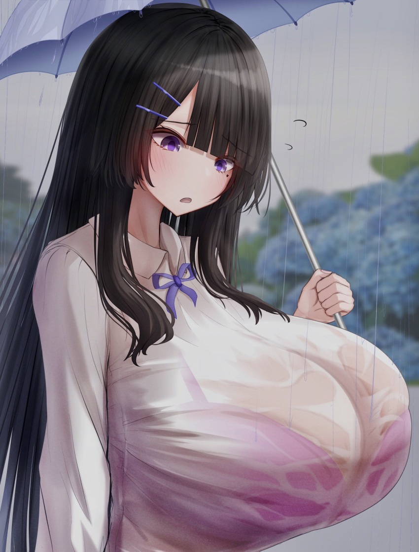 1girl black_hair blue_flower blunt_bangs blurry blurry_background blush bra bra_visible_through_clothes breasts collared_shirt commentary flower flying_sweatdrops gigantic_breasts grey_sky hair_ornament hairclip highres holding holding_umbrella hydrangea long_hair long_sleeves metae mole mole_under_mouth open_mouth original outdoors overcast purple_bra purple_eyes rain shirt sidelocks sky solo symbol-only_commentary umbrella underwear wet wet_clothes wet_shirt