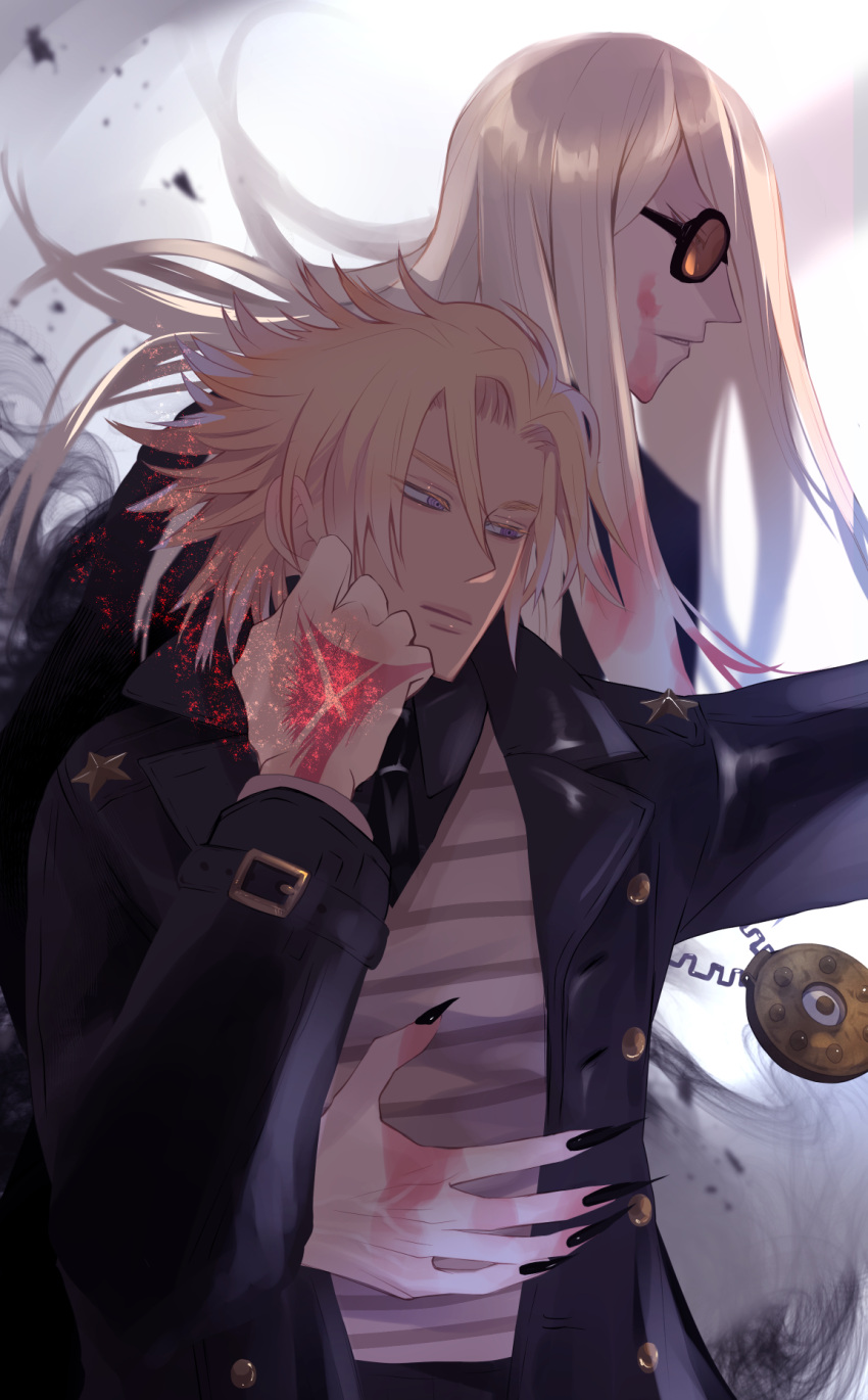 2boys arm_around_waist black-framed_eyewear black_coat black_nails blonde_hair blood blood_on_face coat daybit_sem_void fate/grand_order fate_(series) gold_necklace hand_tattoo highres jewelry long_hair looking_to_the_side male_focus multiple_boys necklace outstretched_arm shirt striped striped_shirt tattoo tezcatlipoca_(fate) udonmoudon veins veiny_hands