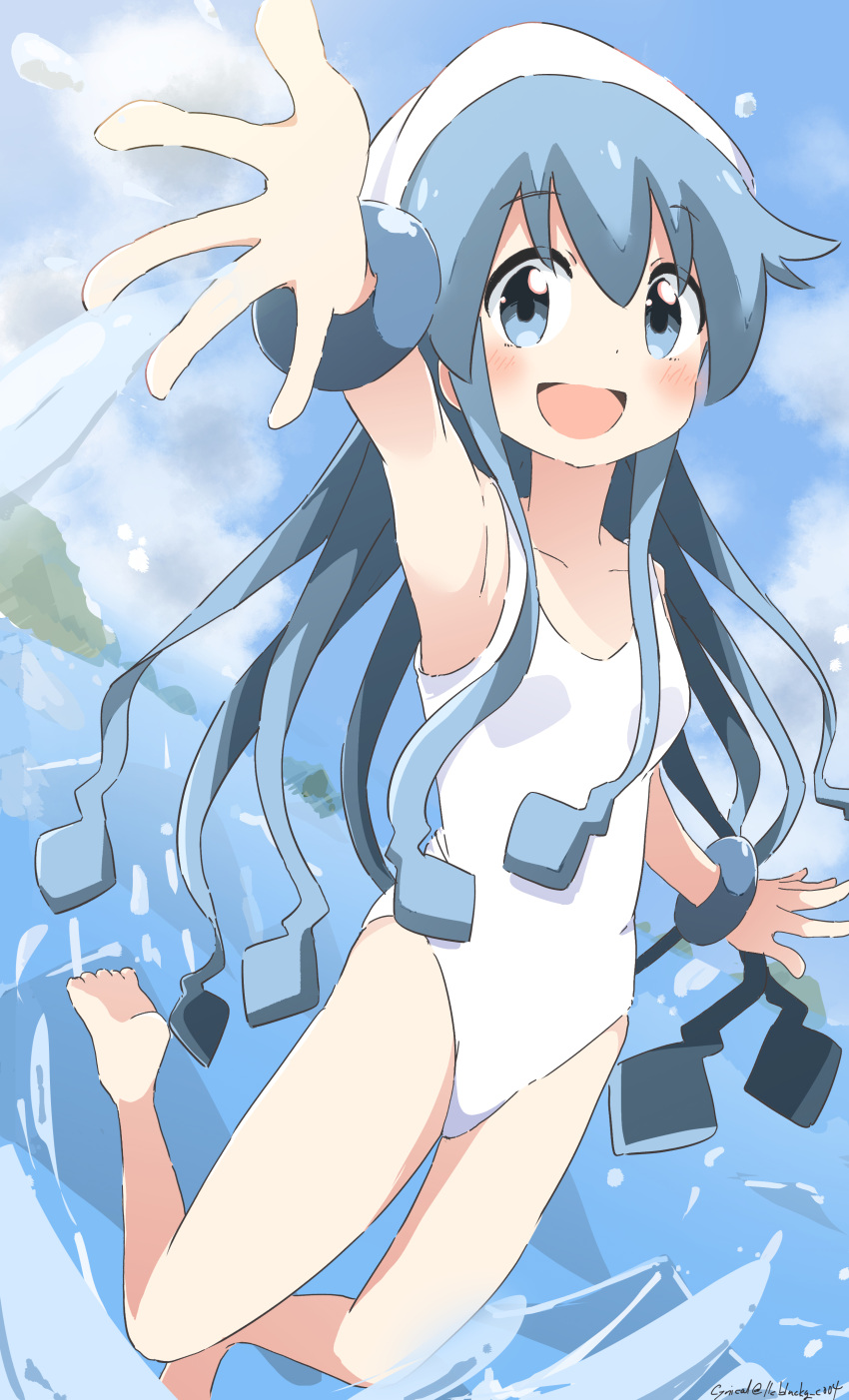 1girl absurdres barefoot blue_eyes blue_hair bracelet commission cynical_(llcbluckg_c004) foreshortening hat highres ikamusume jewelry long_hair one-piece_swimsuit shinryaku!_ikamusume skeb_commission smile solo splashing squid_hat swimsuit tentacle_hair water white_headwear white_one-piece_swimsuit