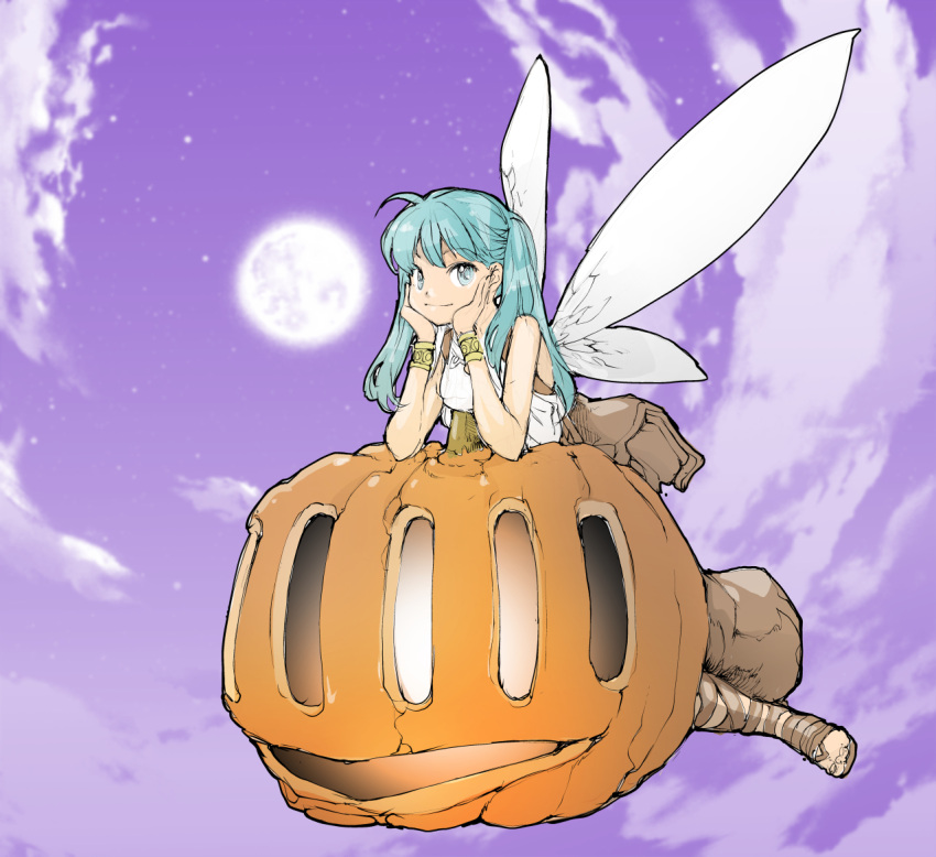 1girl backpack bag barefoot_sandals benriya_saitou-san_isekai_ni_iku blue_eyes breasts brown_footwear burningblossom cloud fairy fairy_wings hands_on_own_cheeks hands_on_own_face jack-o'-lantern lafanpan long_hair looking_at_viewer medium_breasts minigirl moon purple_sky sandals shirt sitting sky sleeveless sleeveless_shirt smile solo twintails white_shirt wings