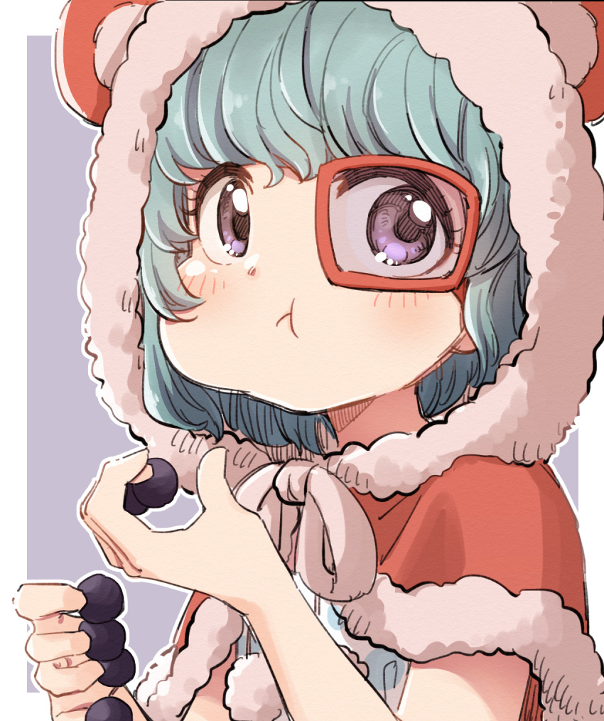 1girl :t animal_ears animal_hood blush capelet closed_mouth eating fake_animal_ears food fur-trimmed_capelet fur-trimmed_hood fur_trim green_hair hands_up highres hood hood_up hooded_capelet looking_at_viewer one_piece purple_background purple_eyes red-framed_eyewear red_capelet solo sugar_(one_piece) two-tone_background upper_body white_background yukie_(kusaka_shi)