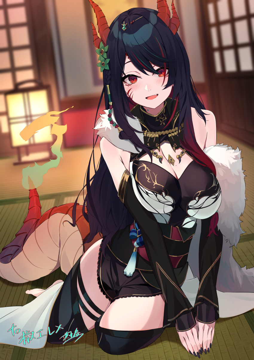 1girl absurdres black_hair black_thighhighs blurry blurry_background cleavage_cutout clothing_cutout commentary_request commission detached_sleeves facial_mark hair_ornament hajikami_eleme highres horns ibaraki_shun indie_virtual_youtuber indoors lizard_tail long_hair looking_at_viewer multicolored_hair open_mouth parted_bangs red_eyes sitting skeb_commission solo streaked_hair tail thighhighs virtual_youtuber