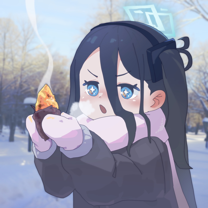 +_+ 1girl :o absurdres aris_(blue_archive) black_coat black_hair blue_archive blue_eyes blue_halo blue_sky coat food forest hair_between_eyes halo hand_up highres holding holding_food korean_commentary long_hair mittens nature pink_mittens pink_scarf roasted_sweet_potato scarf sechi_(sechihyeo) sky snow solo sweet_potato tree upper_body very_long_hair