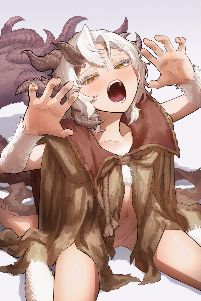 1girl :o absurdres barefoot body_fur bottomless brown_coat cape claw_pose cloak coat colored_eyelashes commentary ekrea_jan elden_ring genderswap genderswap_(mtf) half-closed_eyes hands_up highres horns margit_the_fell_omen medium_hair morgott_the_omen_king multiple_horns naked_cape naked_cloak navel open_mouth orange_eyes pussy pussy_peek sitting solo tail teeth wariza white_background white_hair yellow_eyes