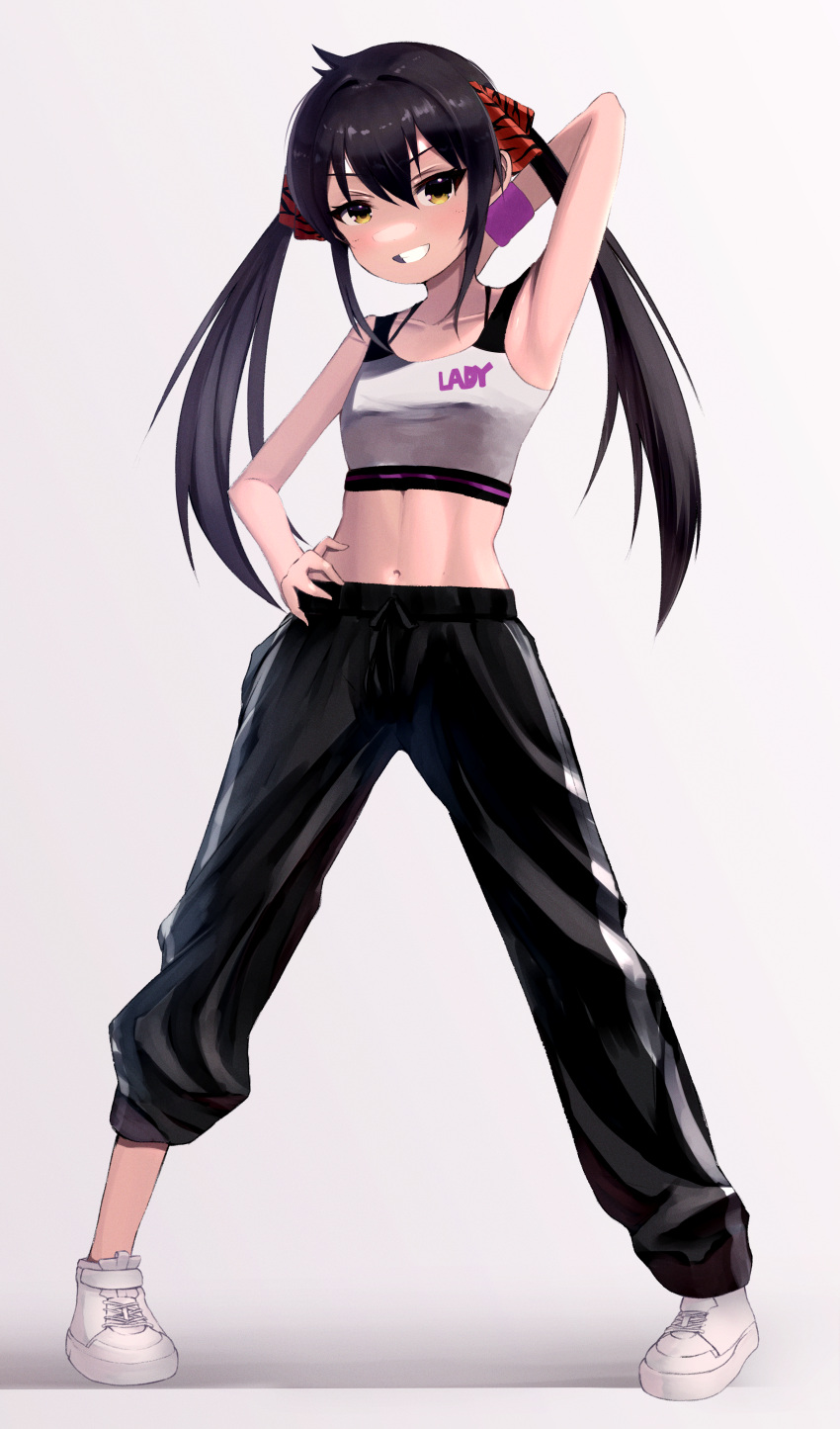 1girl absurdres arm_behind_head armband black_hair hand_on_own_hip highres idolmaster idolmaster_cinderella_girls idolmaster_cinderella_girls_u149 kombudashii long_hair looking_at_viewer matoba_risa pants pants_rolled_up ribbon shoes smile solo sports_bra sweatpants twintails white_footwear yellow_eyes