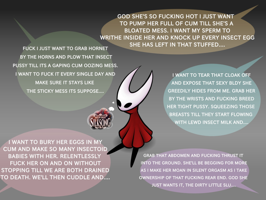 absurd_res black_body blobslimey english_text fecharis female_(lore) hi_res hollow_eyes hollow_knight horn hornet_(hollow_knight) humor red_cape sitting team_cherry text thought_bubble vessel_(species) vulgar