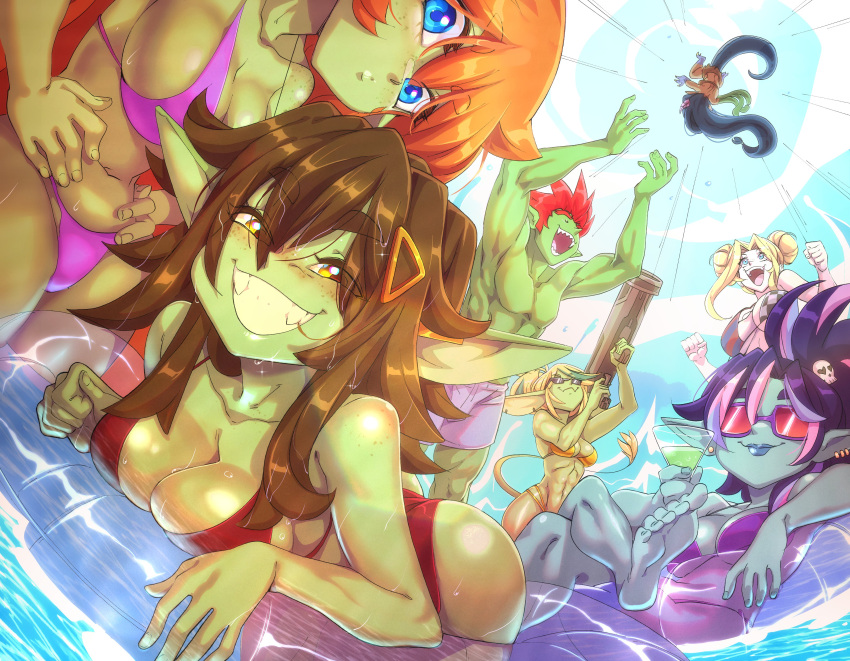 1boy 6+girls absurdres armpits bikini blonde_hair blue_eyes breasts brown_hair collarbone day double_bun female_goblin goblin grin hair_between_eyes hair_bun hair_ornament hands_on_own_hips highres honey_goblin indie_virtual_youtuber large_breasts large_ears looking_at_viewer multiple_girls muscular muscular_male navel nisego open_mouth orange_hair outdoors pointy_ears ponytail purple_hair red_hair rocket_launcher sharp_teeth shorts skull_hair_ornament smile sunglasses swimsuit tail teeth throwing_person tongue virtual_youtuber water weapon