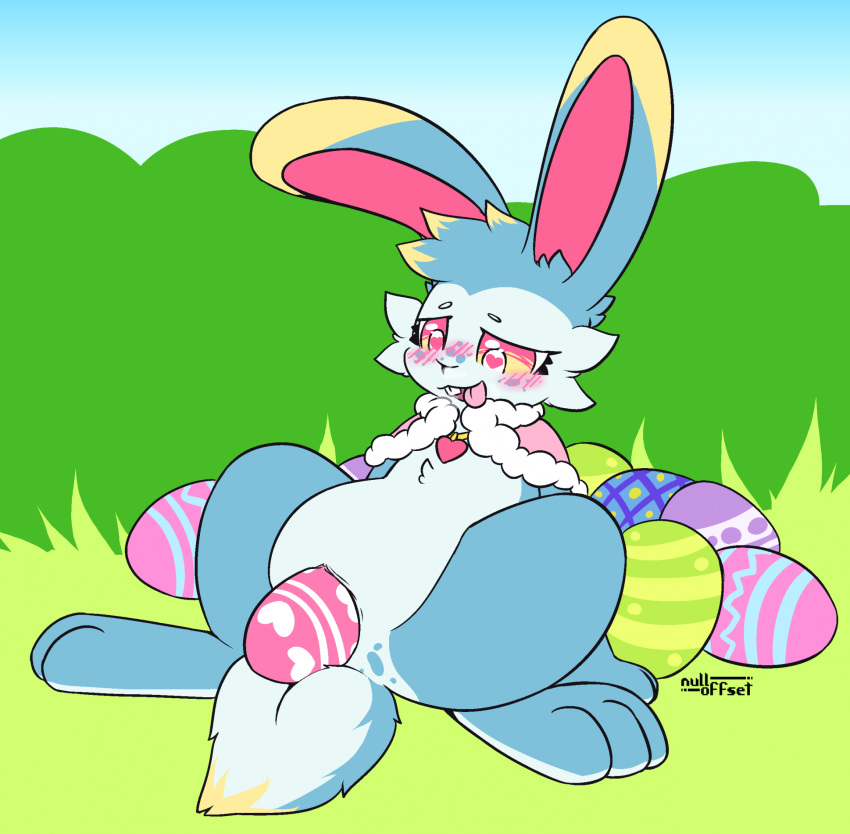 &lt;3 &lt;3_eyes 2023 3_toes abstract_background blonde_highlights blue_body blue_fur buckteeth capelet cheek_tuft chest_tuft digitigrade dipstick_ears dipstick_tail ear_tuft easter easter_egg eeveelution eyebrows facial_tuft feet female feral fur generation_6_pokemon grass head_tuft heterochromia hi_res highlights_(coloring) holidays hybrid jewelry lagomorph leporid long_ears mammal markings multicolored_ears necklace nintendo nulloffset open_mouth outside pink_eyes plant pokemon pokemon_(species) rabbit scut_tail short_tail signature sky solo sylveon tail tail_markings tail_tuft teeth toes tongue tongue_out tuft yellow_body yellow_eyes yellow_fur