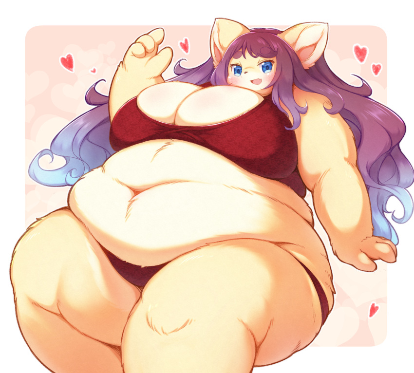 &lt;3 2023 4_fingers anthro belly big_belly big_breasts biped blue_eyes blue_hair blue_pupils blush border bra breasts brown_nose canid canine circle_eyebrows clothed clothing colored countershade_face countershade_fur countershade_torso countershading curvy_figure deep_navel digital_media_(artwork) eyebrows eyelashes female female_anthro fingers fluffy fluffy_ears fox front_view fur glistening glistening_eyes gradient_hair hair heart_background hearts_around_body hearts_around_head hi_res huge_breasts humanoid_hands kemono knee_tuft leg_tuft long_hair looking_at_viewer mammal midriff multicolored_body multicolored_fur multicolored_hair navel obese obese_anthro obese_female open_mouth open_smile overweight overweight_anthro overweight_female panties pink_background pink_inner_ear pink_tongue portrait pupils purple_hair radiowave red_bra red_clothing red_panties red_underwear shaded simple_background sitting smile solo thick_thighs three-quarter_portrait three-quarter_view tongue tuft two_tone_body two_tone_fur two_tone_hair underwear underwear_only voluptuous white_body white_border white_countershading white_fur white_inner_ear wide_hips yellow_body yellow_ears yellow_fur