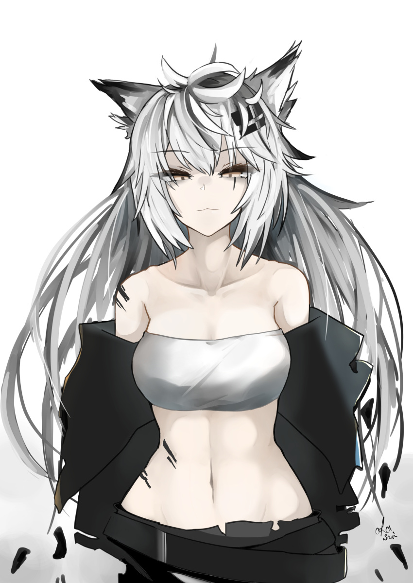 1girl :3 absurdres akasabi animal_ears arknights bandeau bare_shoulders black_jacket breasts commentary grey_hair hair_ornament hairclip highres jacket lappland_(arknights) long_hair looking_at_viewer medium_breasts midriff navel off_shoulder oripathy_lesion_(arknights) scar scar_across_eye simple_background solo stomach strapless tube_top upper_body very_long_hair white_background wolf_ears yellow_eyes