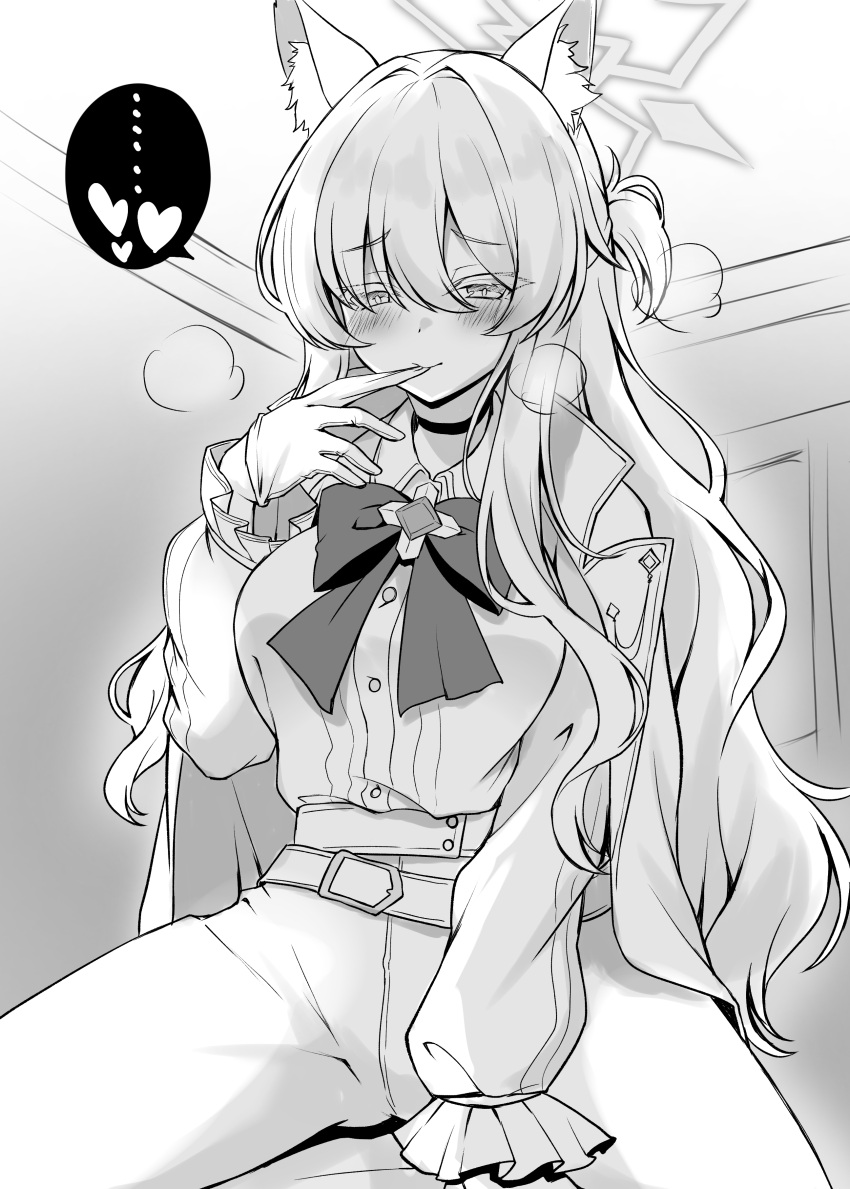 ... 1girl absurdres akira_(blue_archive) animal_ear_fluff animal_ears belt biting blue_archive blush bow breasts cape cat_ears covered_penetration glove_biting gloves greyscale heart highres implied_sex indoors long_hair long_sleeves medium_breasts monochrome pants ryochapu shirt solo spoken_ellipsis spoken_heart