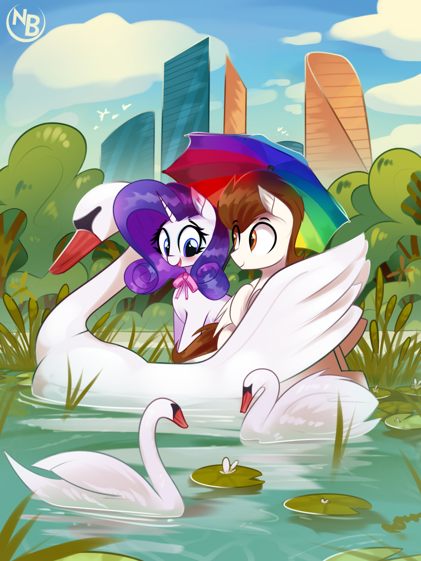 2023 absurd_res ambiguous_gender anatid anseriform anserinae avian bird blush cloud digital_media_(artwork) equid equine eyebrows eyelashes female feral friendship_is_magic hasbro hi_res horn lily_pad mammal my_little_pony nevobaster outside plant rarity_(mlp) smile swan umbrella unicorn water