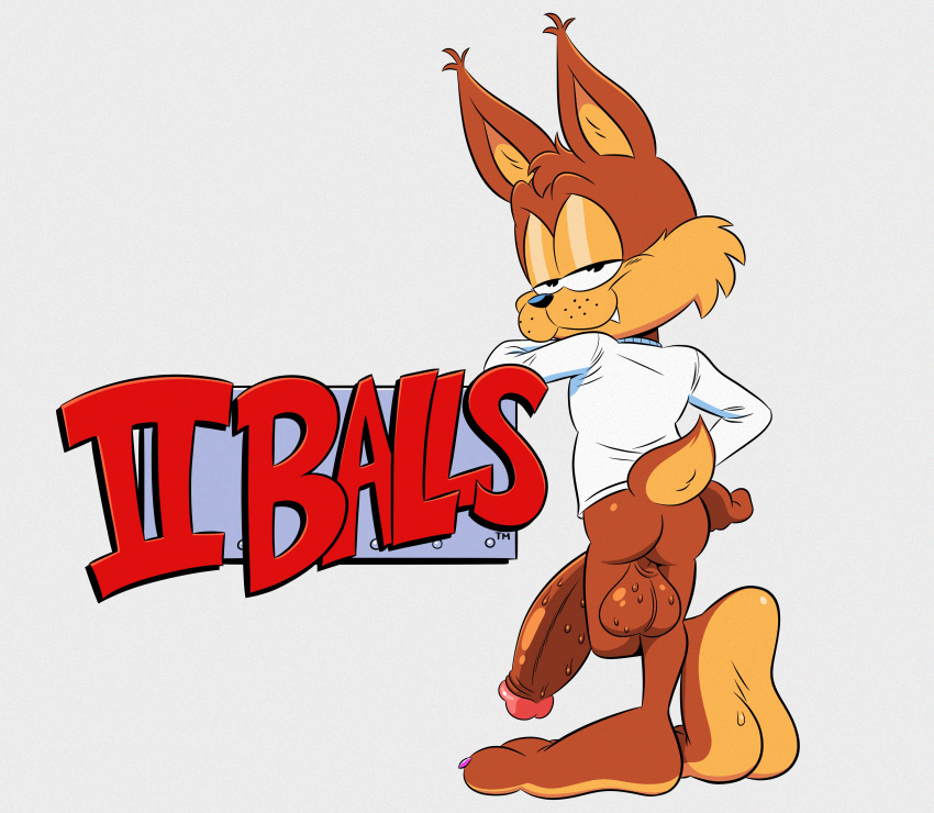 2023 absurd_res anthro balls big_balls big_feet big_penis bobcat bodily_fluids bubsy bubsy_(series) clothed clothing feet felid feline genitals half-erect hi_res humanoid_genitalia humanoid_penis looking_at_viewer looking_back looking_back_at_viewer lynx male mammal penis smoggie solo sweat sweaty_balls sweaty_genitalia sweaty_penis text topless topless_anthro topless_male topwear white_clothing white_topwear