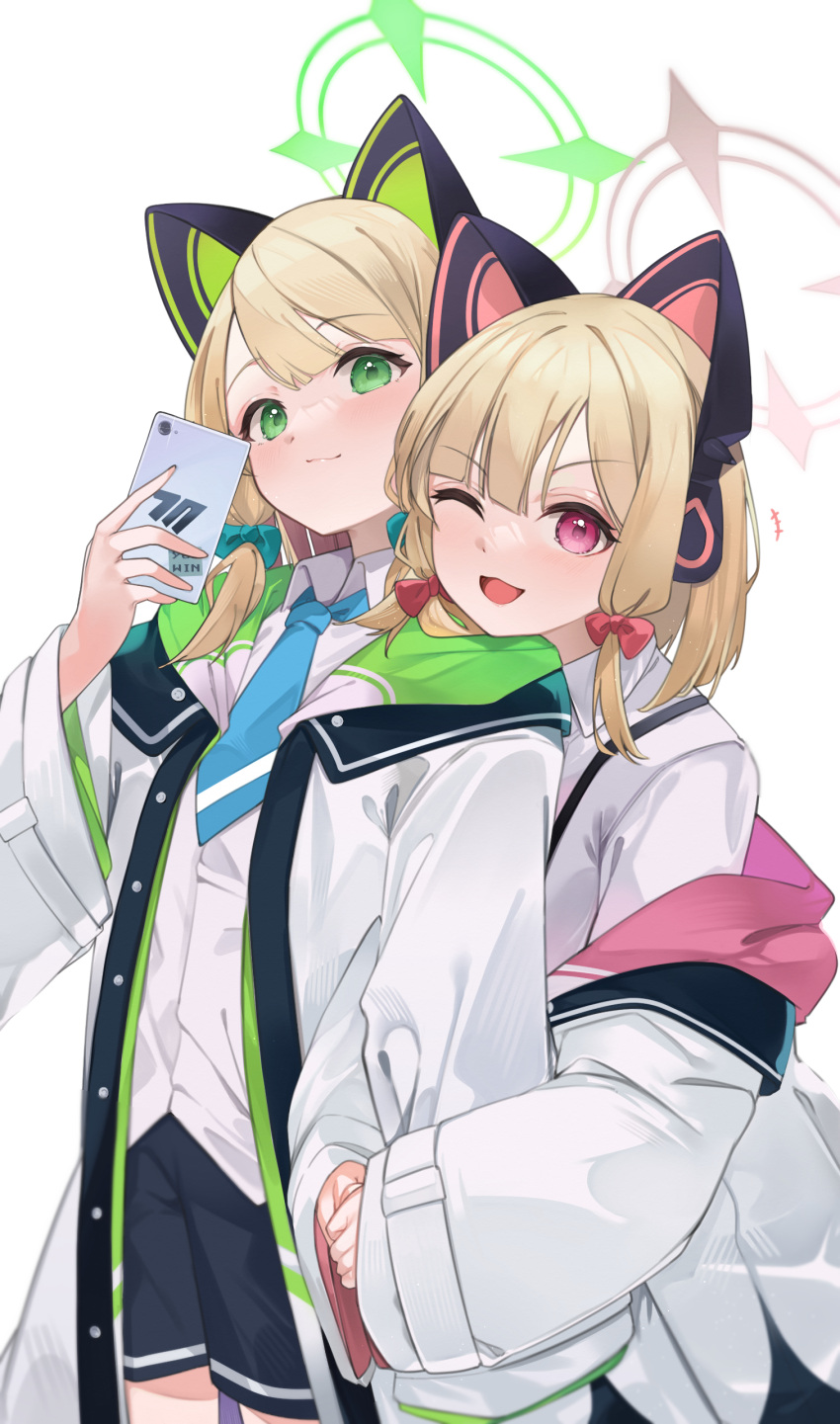 2girls absurdres animal_ear_headphones animal_ears arm_hug black_shorts blonde_hair blue_archive blue_necktie bow cat_ear_headphones collared_shirt fake_animal_ears green_bow green_eyes hair_bow halo headphones highres holding holding_phone hug hug_from_behind jacket looking_at_viewer medium_hair midori_(blue_archive) mimizuku_(mmiganaru) momoi_(blue_archive) multicolored_clothes multicolored_jacket multiple_girls necktie one_eye_closed open_mouth phone pink_eyes red_bow shirt shorts siblings simple_background sisters suspenders tail twins white_background white_jacket white_shirt