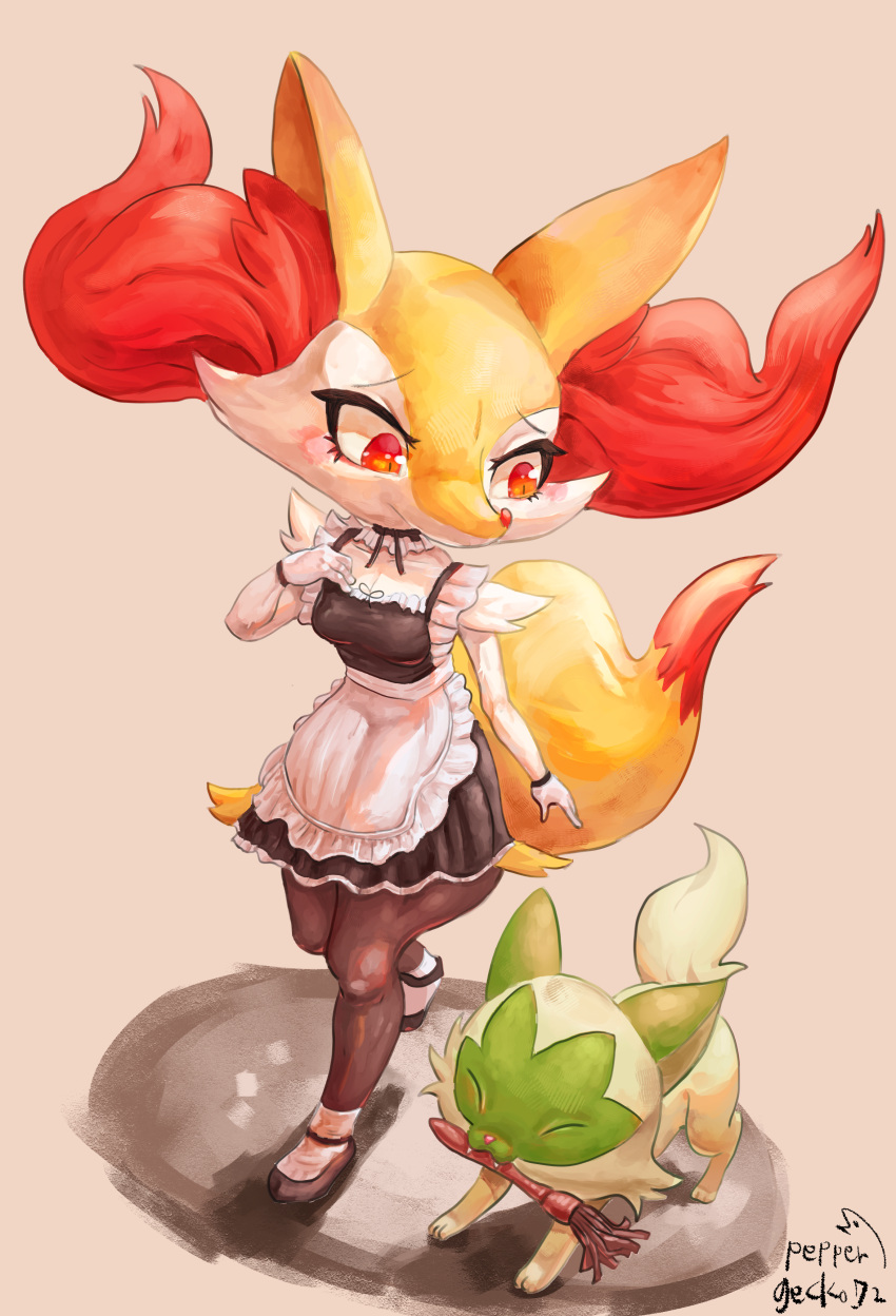 1girl :3 ^_^ absurdres animal_ear_fluff animal_ears animal_nose apron arm_at_side artist_name black_dress black_footwear black_fur blush body_fur braixen breasts cat cleavage closed_eyes closed_mouth commentary_request dress duster fangs fox_ears fox_girl fox_tail frilled_apron frilled_dress frills full_body furry furry_female hand_on_own_chest hand_up highres light_blush looking_at_another looking_down mouth_hold multicolored_fur pepper_gecko72 pokemon pokemon_(creature) raised_eyebrows red_eyes shoes short_dress signature simple_background sleeveless sleeveless_dress small_breasts snout socks sprigatito standing tail walking white_apron white_fur white_socks yellow_fur