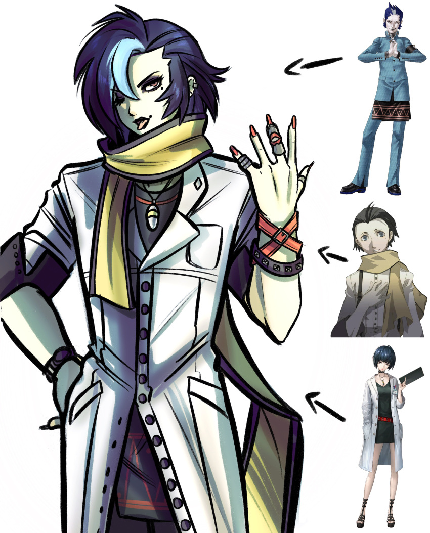 1boy absurdres arrow_(symbol) blue_hair chimerism ear_piercing english_commentary fusion gimmie20dollas highres jewelry lab_coat mishina_eikichi mochizuki_ryouji mole mole_above_mouth mole_under_eye necklace official_art_inset one_eye_closed persona persona_2 persona_3 persona_5 piercing red_eyes ring scarf takemi_tae tongue tongue_out watch wristband wristwatch yellow_scarf