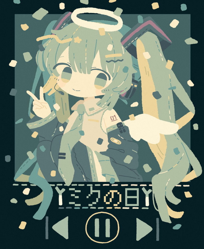 1girl angel_wings arrow_(symbol) bandaid bandaid_on_clothes border closed_mouth collared_shirt confetti detached_sleeves green_hair green_necktie grey_shirt halo hatsune_miku headset highres kanato345 long_hair multicolored_eyes necktie no_nose page_number pause_button shirt shoulder_tattoo skirt smile solo split_mouth spring_onion tattoo thighhighs tie_clip translation_request twintails v very_long_hair vocaloid white_wings wings