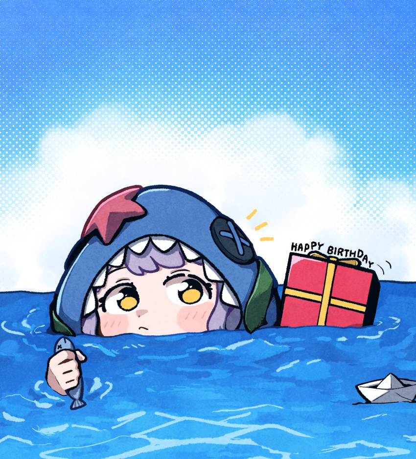 1girl :&lt; animal animal_hood blue_sky blush_stickers box burndle08 button_eyes cloud commentary day dot_nose eel fish gift gift_box happy_birthday highres holding holding_animal holding_fish hood idolmaster idolmaster_million_live! looking_at_viewer makabe_mizuki notice_lines ocean outdoors paper_boat partially_submerged purple_hair shark_hood sidelocks sky solo starfish symbol-only_commentary yellow_eyes