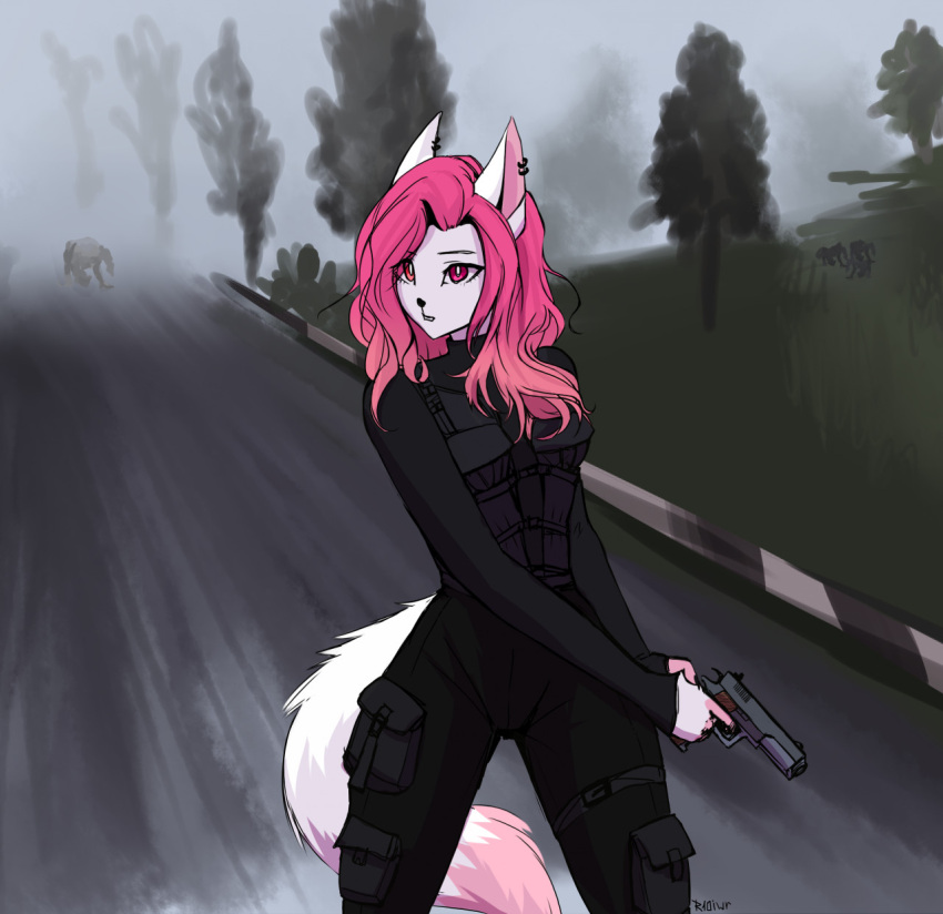 2022 anthro black_nose breasts canid canine ear_piercing eyebrows female fluffy fluffy_tail fur gun hair handgun hi_res holding_object holding_weapon koiren long_hair long_tail looking_away mammal piercing pink_eyes pink_hair pistol plant ranged_weapon road solo stalker_(game) standing tail tree unknown_character watermark weapon white_body white_fur