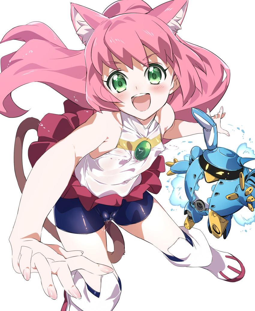 1girl animal_ears bike_shorts blush breasts cameltoe cat_ears cat_tail covered_nipples green_eyes gundam gundam_build_divers gunpla highres long_hair looking_at_viewer model_kit niko_(tama) no_bra no_panties open_mouth pink_hair ponytail red_skirt shirt shorts shorts_under_skirt simple_background skirt sleeveless sleeveless_shirt small_breasts smile solo tail white_background yashiro_momoka