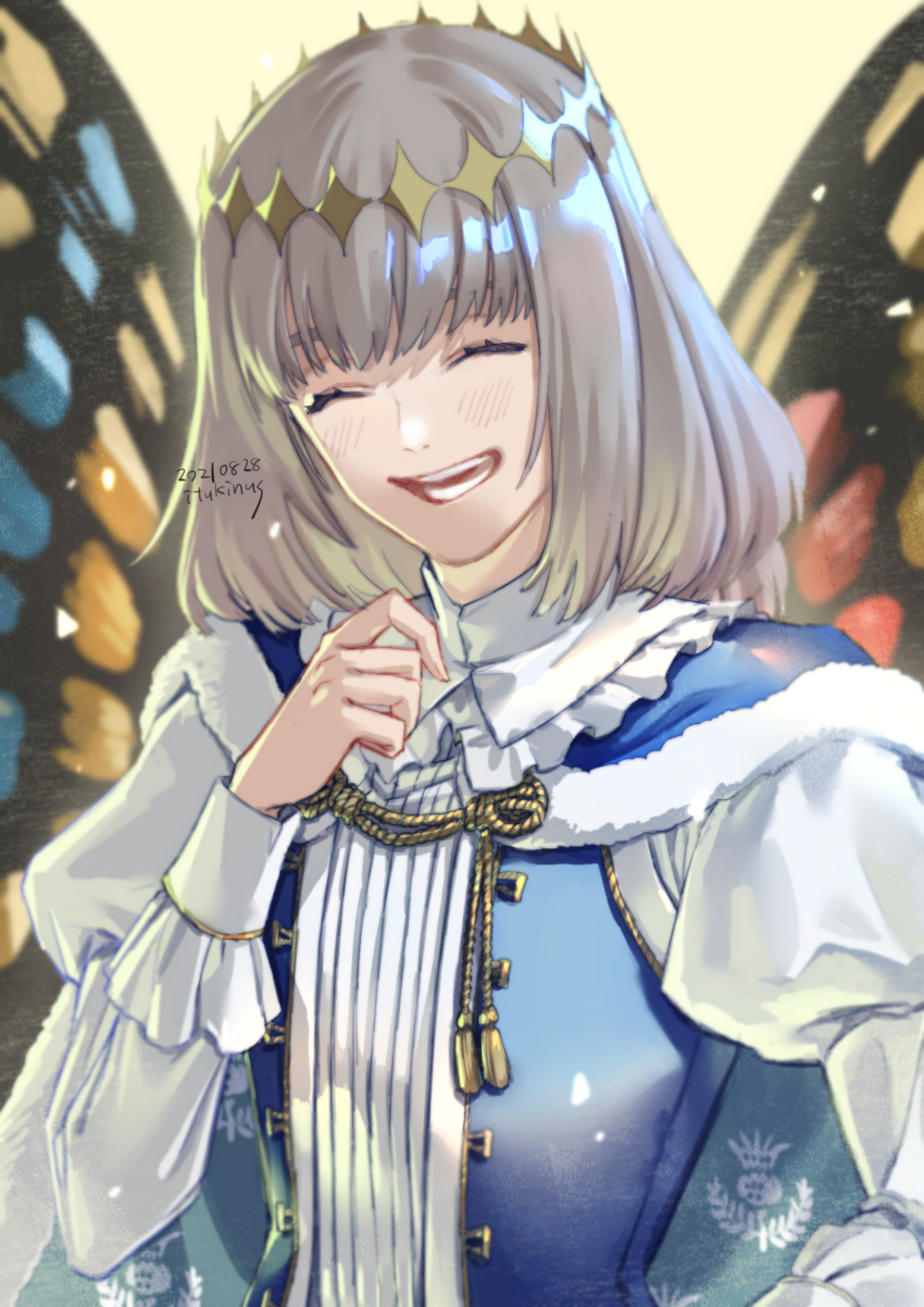 1boy arthropod_boy blue_cape butterfly_wings cape closed_eyes diamond_hairband eyebrows_hidden_by_hair fate/grand_order fate_(series) fur-trimmed_cape fur_trim grey_hair happy highres insect_wings ituki juliet_sleeves long_sleeves male_focus oberon_(fate) open_mouth puffy_sleeves teeth wings