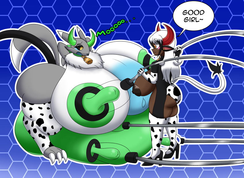 absurd_res anthro bandai_namco big_nipples bovid bovine cattle digimon digimon_(species) digiwolx_(character) duo female female/female green_nipples green_udders hi_res hose_in_pussy human inflation mammal milk_machine mocha_(vglaceon) nipples renamon suction_cup teats udders vlea_(vglaceon)