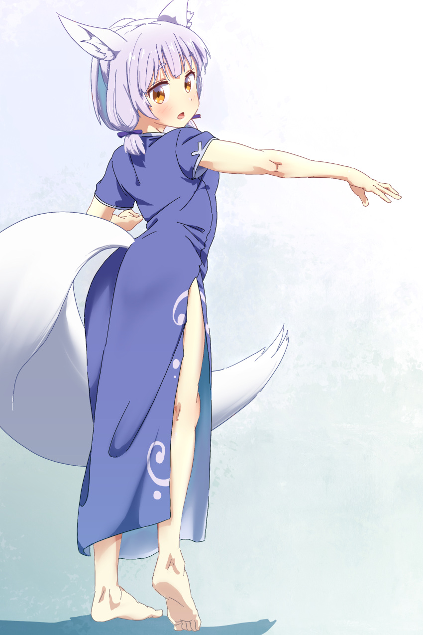 1girl absurdres animal_ear_fluff animal_ears barefoot blue_dress blue_hair blunt_bangs blush bow brown_eyes china_dress chinese_clothes commentary dress fox_ears fox_girl fox_tail from_behind full_body gradient_background hair_bow highres hip_vent light_blue_background long_dress looking_at_viewer looking_back machikado_mazoku oekakiism open_mouth outstretched_arm purple_bow riko_(machikado_mazoku) short_eyebrows short_hair short_sleeves simple_background solo standing tail white_background
