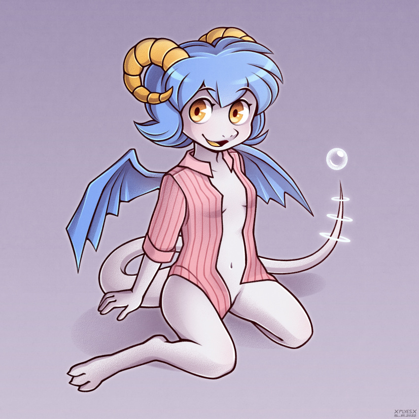 absurd_res anthro aurawing_(aurawing) blue_hair clothed clothing dragon female hair hi_res partially_clothed plyesdayk solo white_body yellow_eyes young