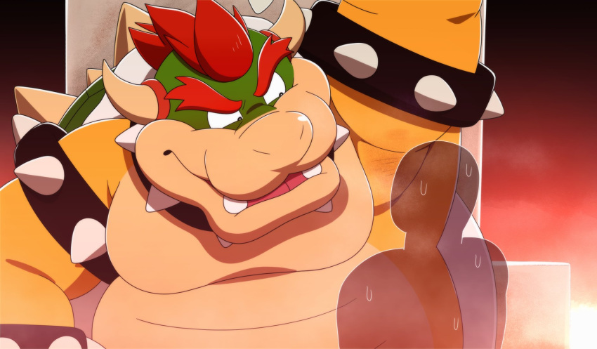 2023 anthro armpit_fetish armpit_hair belly big_belly bodily_fluids body_hair bowser duo eto1212 hi_res kemono koopa male mario_bros moobs musk nintendo overweight overweight_male scalie sweat