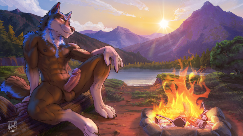 anthro aroused aroused_smile balls bottomwear campfire canid canine canis clothing comfortable genitals hi_res humanoid humanoid_genitalia humanoid_penis lake lion21 loincloth male mammal mountianscape outdoor_nudity outside penis pinup pose relaxing solo sunset the_ardwolf wolf