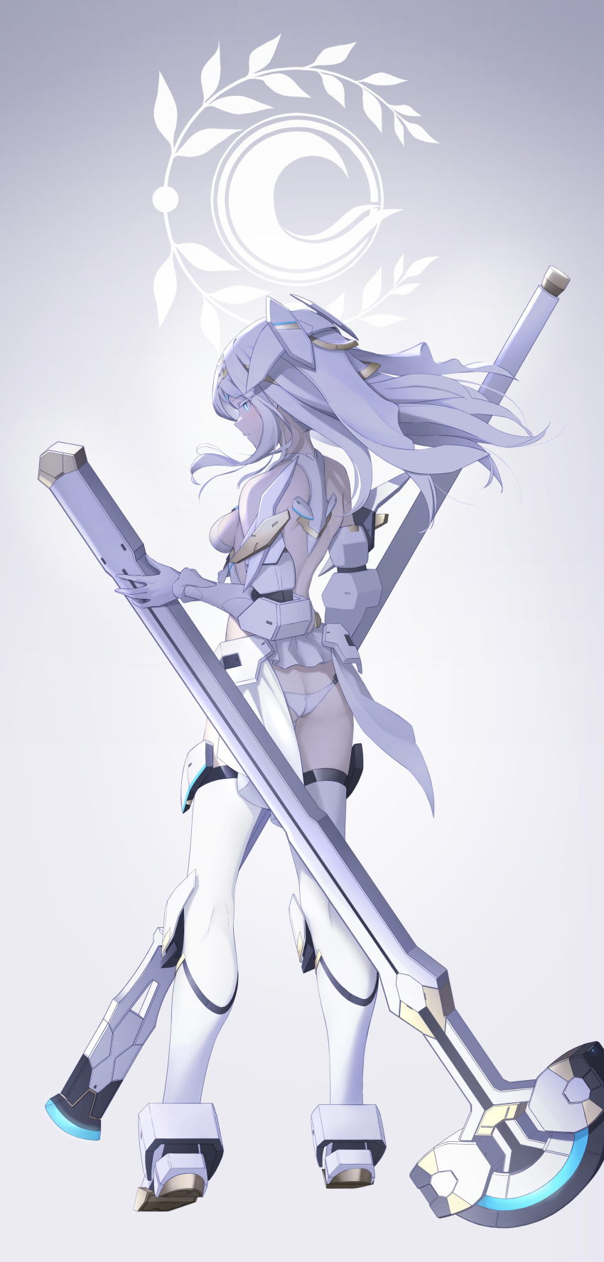 1girl absurdres ass back bare_shoulders bikini blue_eyes boots breasts chisel elbow_gloves fate/grand_order fate_(series) full_body galatea_(fate) gloves halterneck hammer highres joints knee_boots long_hair medium_breasts pale_skin robot_joints solo swimsuit thighhighs tiara weapon white_bikini white_footwear white_gloves white_hair white_thighhighs yuniyuni