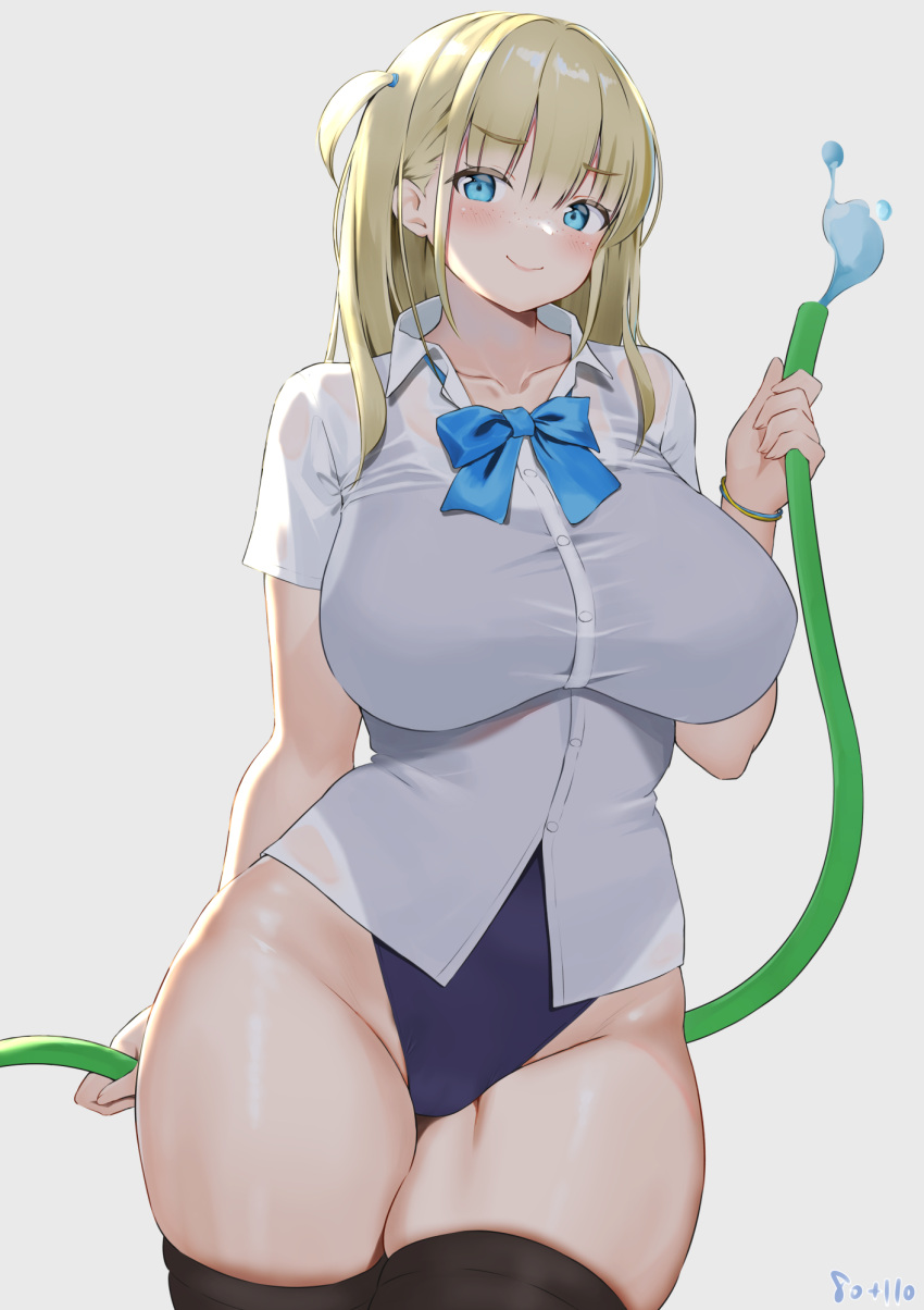 1girl arm_behind_back aymusk bangs black_one-piece_swimsuit black_thighhighs blonde_hair blue_eyes blush breasts closed_mouth collarbone collared_shirt commentary_request curvy grey_background highleg highleg_swimsuit highres holding holding_hose hose large_breasts legs_together long_hair looking_at_viewer one-piece_swimsuit original shirt simple_background smile solo swimsuit swimsuit_under_clothes thighhighs white_shirt wide_hips